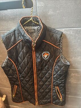 Ladies Black Quilted Vest with OSU Orange Trim and Pistol Pete Appliqué